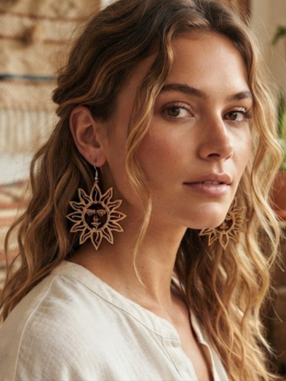 Laser Cut Natural Wood Sunshine Dangle Earrings Celestial Boho Lightweight 2"